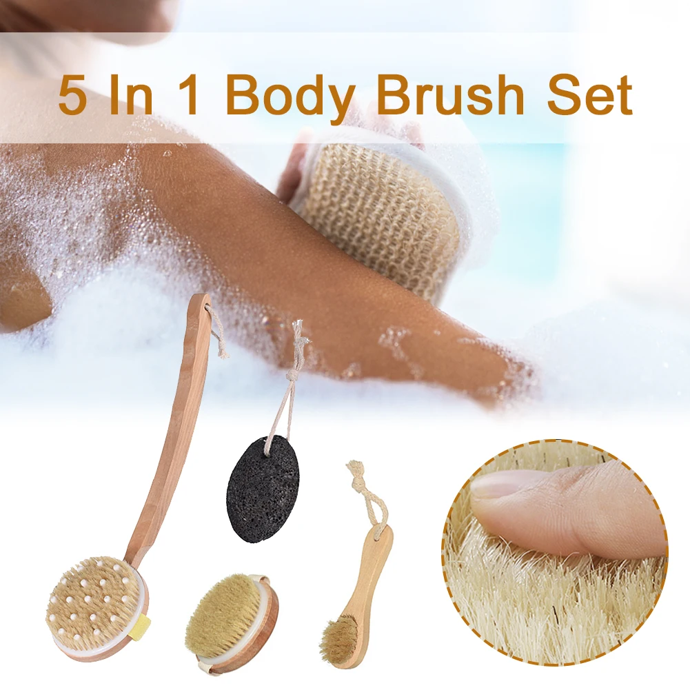 

Massage Gift 5 In 1 Exfoliating Wet Or Dry Body Brush Set Skin Care Spa Bath Accessories Shower Long Handle Back Scrubbing