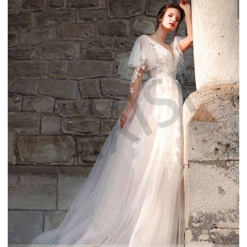 

Elegant Wedding Dresses Appliques Beads Pearls Vestidos De Novia Full Sleeve Illusion O Neck Luxury A-Line Robe De Mariee