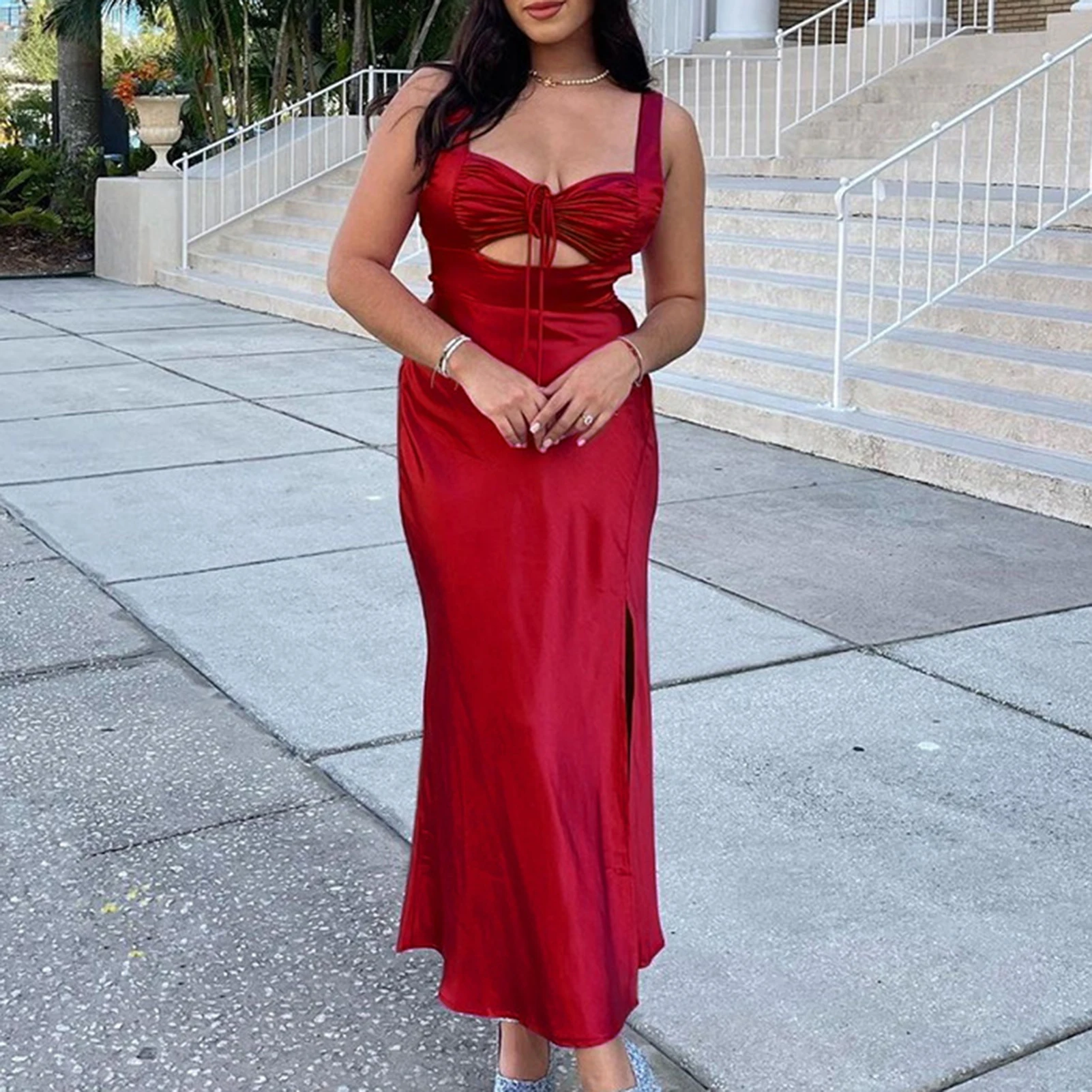 

Women Sleeveless Waisted Sling Pleated Dress Sexy Backless V-neck Knot Pleated Midi Dress Summer Elegant Party Dress