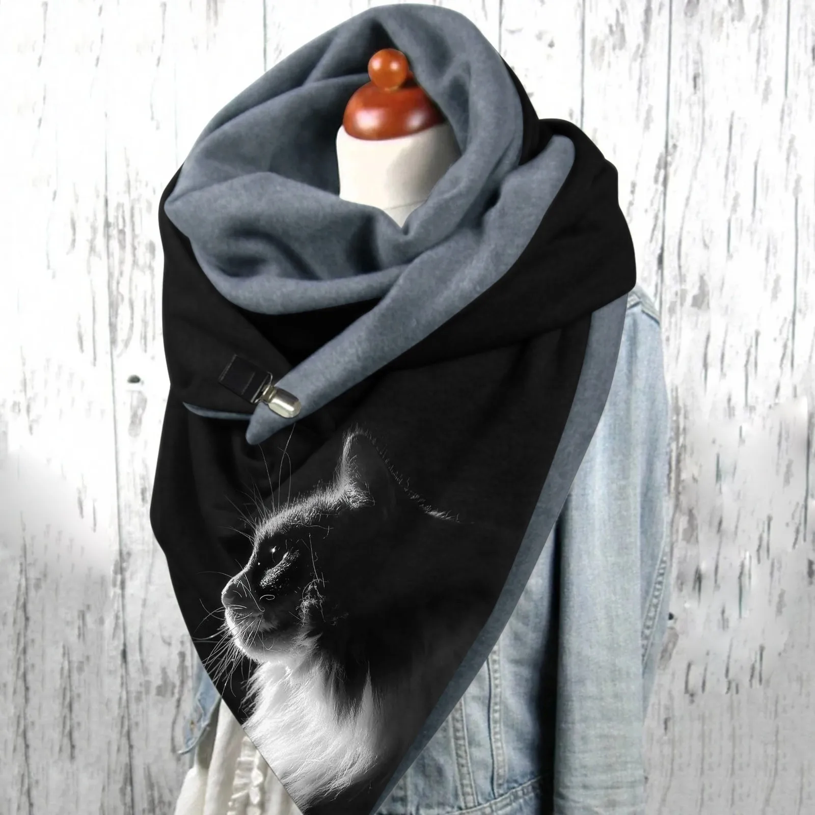 

Outdoor Winter Warm Scarf Cat Print Button Casual Scarf Autumn Winter Soft Double Layer Retro Wrap Multi-Purpose Shawl For Women