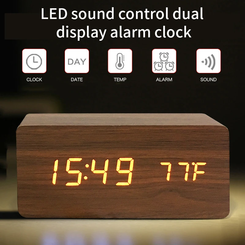 

Digital Wooden Powered Snooze Humidity Voice Control Alarm Desk Table Watch Alarm Temperature Electronic Clock With