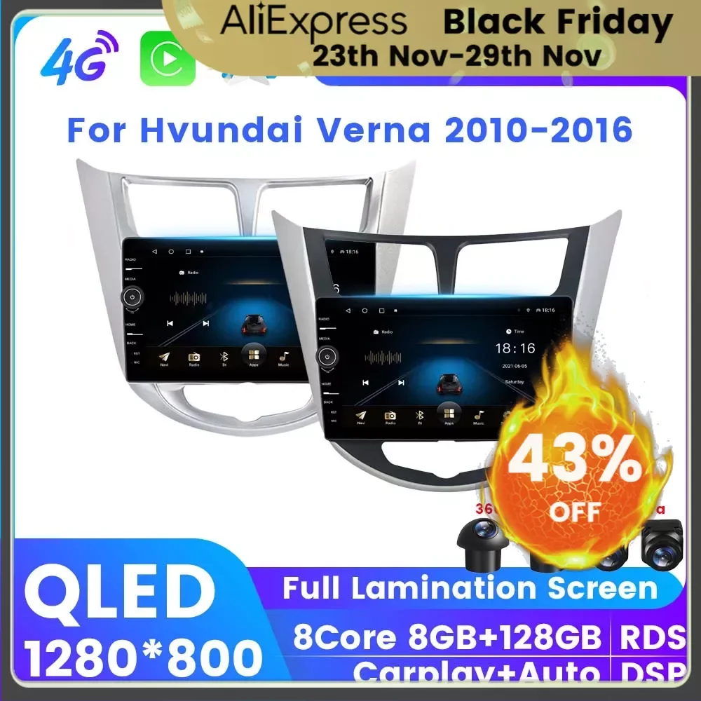 

QLED Android 12 Автомобильная интеллектуальная система GPS навигация плеер для Hyundai Verna 2010 - 2016 беспроводной Carplay стерео радио с экраном