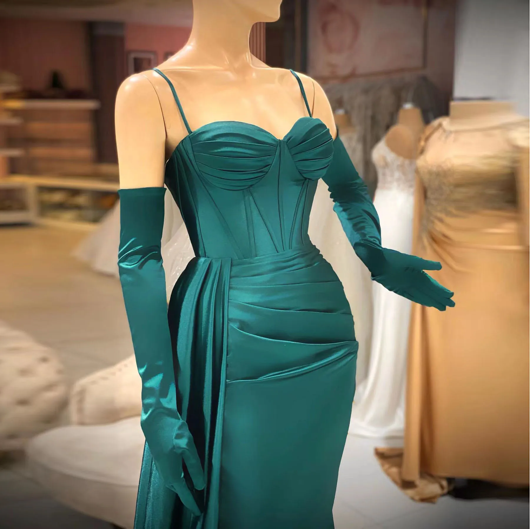 

Женское атласное платье-Русалка, зеленое элегантное плиссированное платье без рукавов для выпускного вечера, бальное платье для вечерние