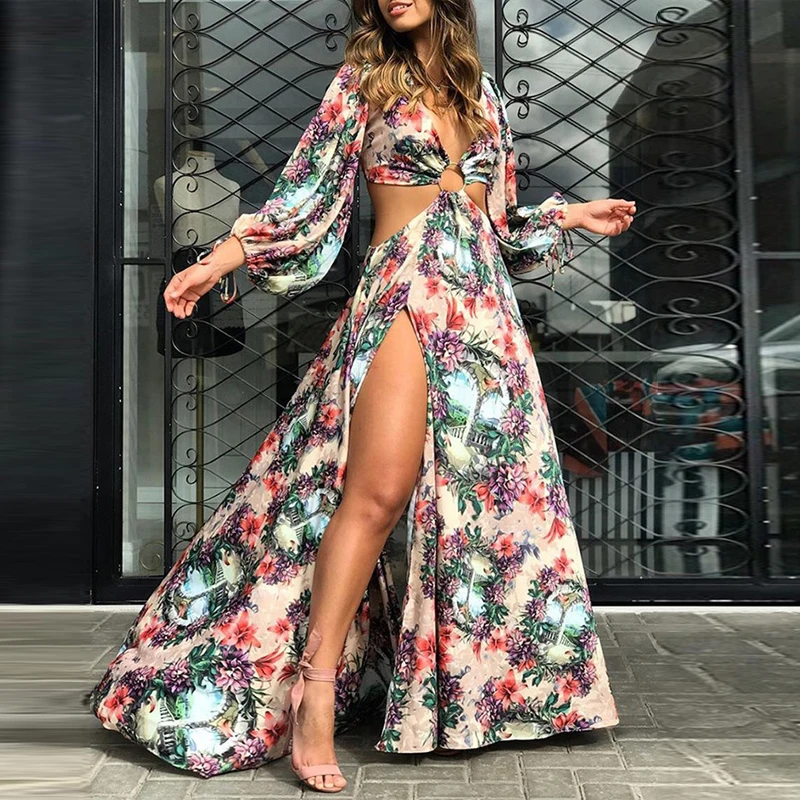 

Women Summer Cottagecore Floral Print Cutout Thigh Slit Maxi Dress Holiday Vocation Boho Beach Long Dress Sexy Backless Vestidos