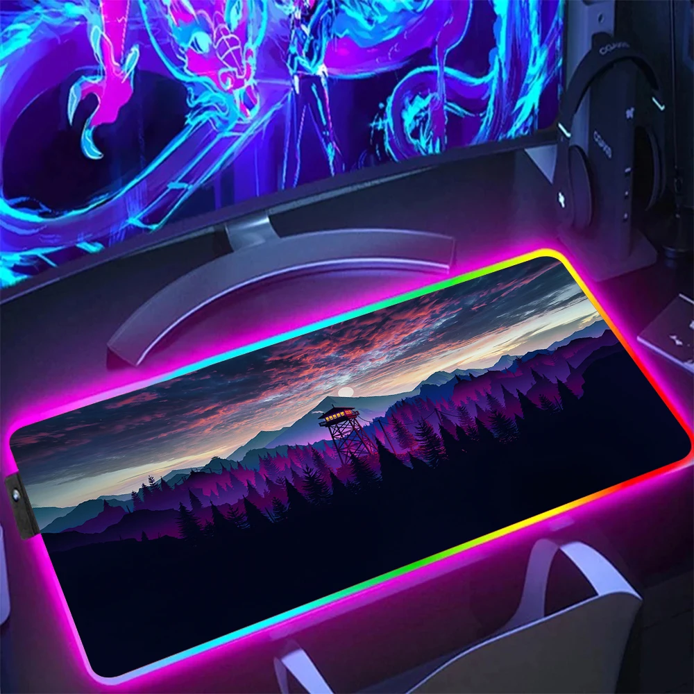 Большой коврик для мыши со светодиодной подсветкой игровой с рисунком леса и