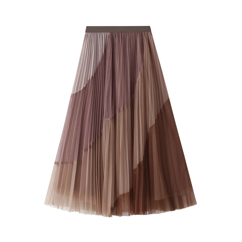 

4 color Mosaic pleated gauze skirt elastic elastic waist slimming long A-word big swing half skirt winter