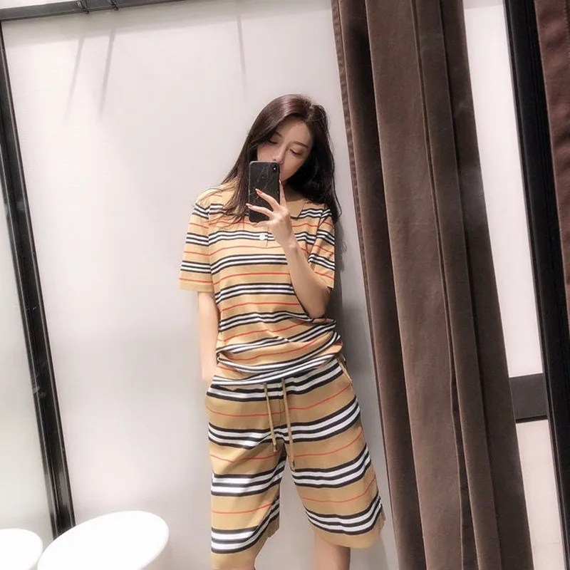 

Spring Summer Women Two Piece Outifits Sets Striped Knit T Shirts And Shorts Femme Vintage Luxury Designer Festival Holiday