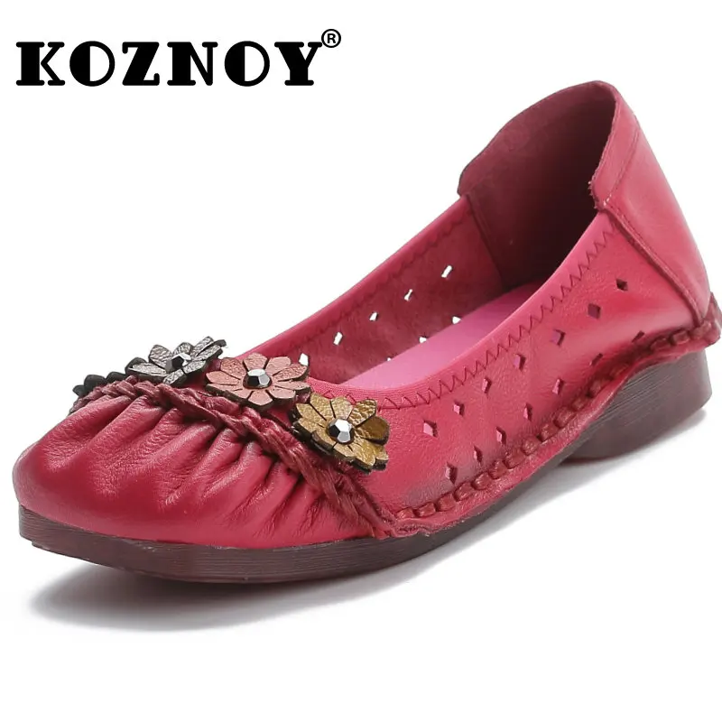 

Koznoy 3cm Ethnic Genuine Leather Appliques Flower Plus Size Soft Moccasins Comfy Summer Women Leisure Flat Loafers Hollow Shoes