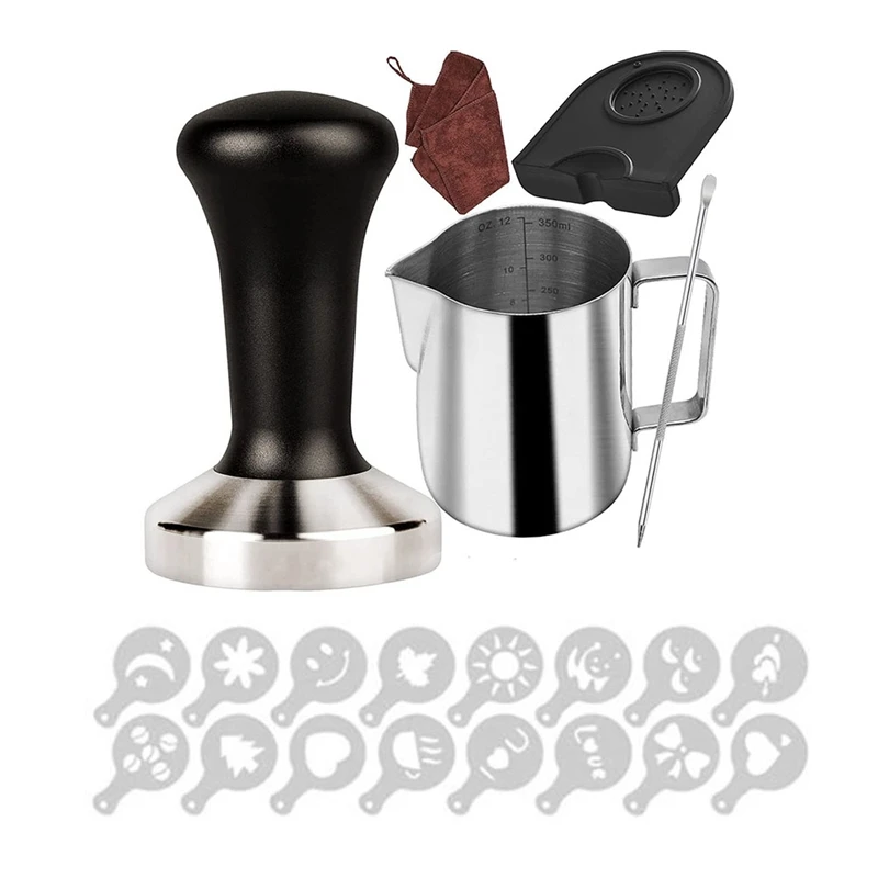 

12OZ Milk Frothing Pitcher Cup with Latte Art Pen Milk Frother,51mm Espresso Masher with Tamper Mat,for Cappuccino,Latte