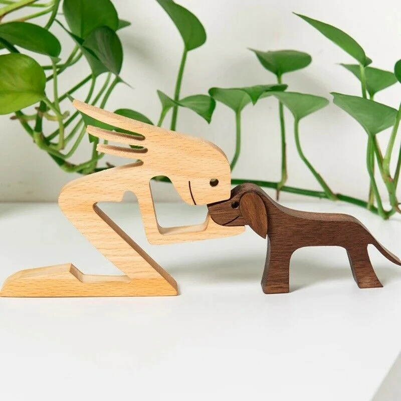 

Hand Carved Wooden Unpainted Dog Human Carving Figurine Statue Home Decor Ornaments