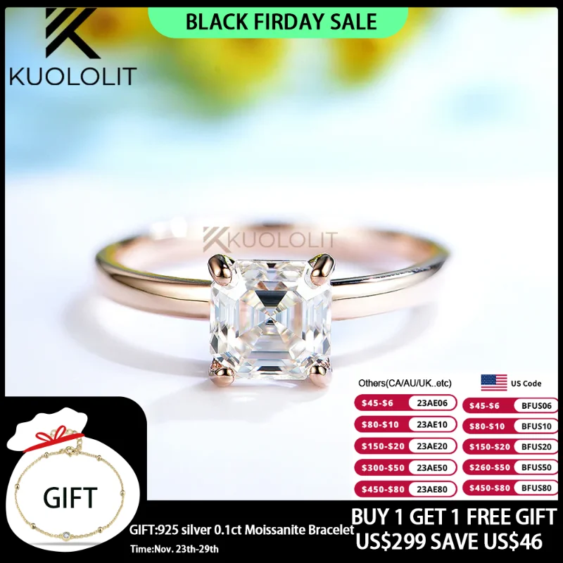 

Kuolit 1.5CT Asscher Moissanite кольцо для женщин Твердое 18K 14K10K желтое золото D/VVS1 пасьянс кольцо для помолвки Рождество