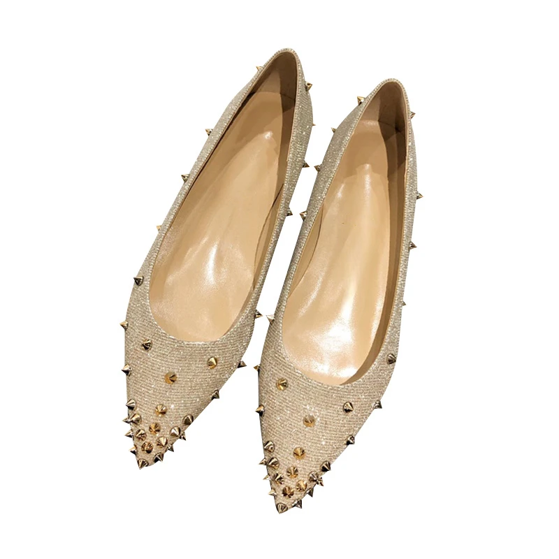 2022 Spring New Pointed Toe Shallow Mouth Rivet Flat Shoes Women's Inner Heightening Liuding Boat Shoes Sequin Crystal Shoes