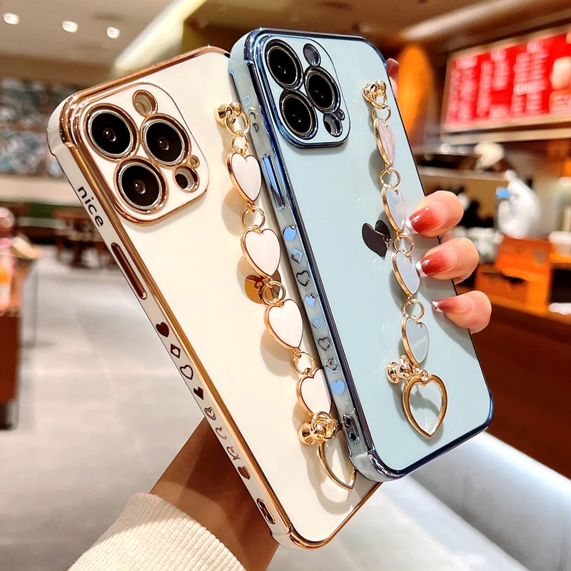 

Soft Bracelet Love Heart Case For iPhone 11 12 13 Pro Max XS X XR 7 8 Plus SE 2020 Mini Electroplated Bumper Silicone Cover
