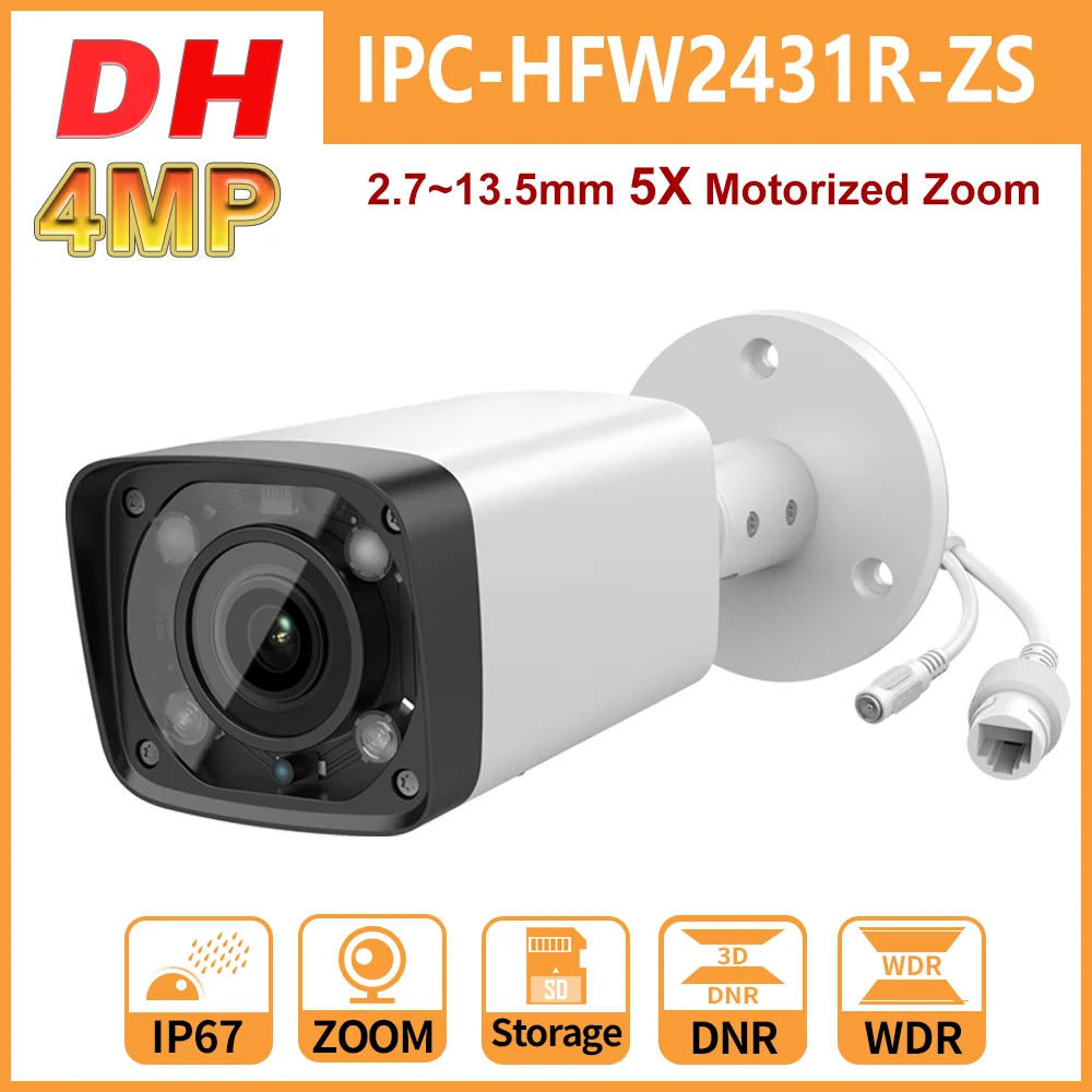 Dahua-cámara IP Bullet de visión nocturna de 4MP, IPC-HFW2431R-ZS, Zoom óptico 5X, ranura para tarjeta SD, IR, 60M, IP67, PoE, videovigilancia de seguridad