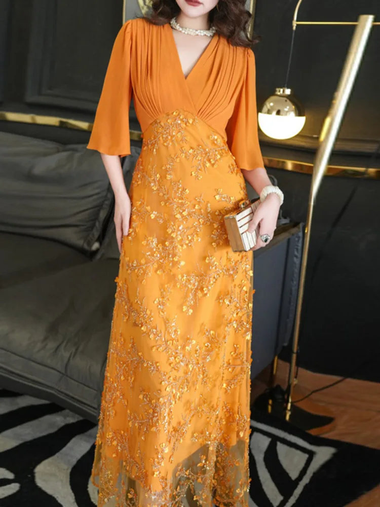 Женское платье с блестками и бусинами LGRQ лоскутное коротким рукавом V-образным