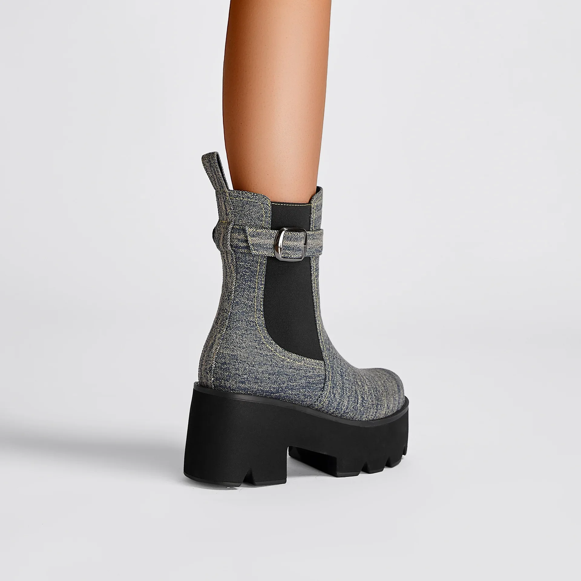 Denim Round Toe Platform Ankle Boots Thick High Heel Color Block Belt Buckle Botines Stitching Material Plus Size Women Boats