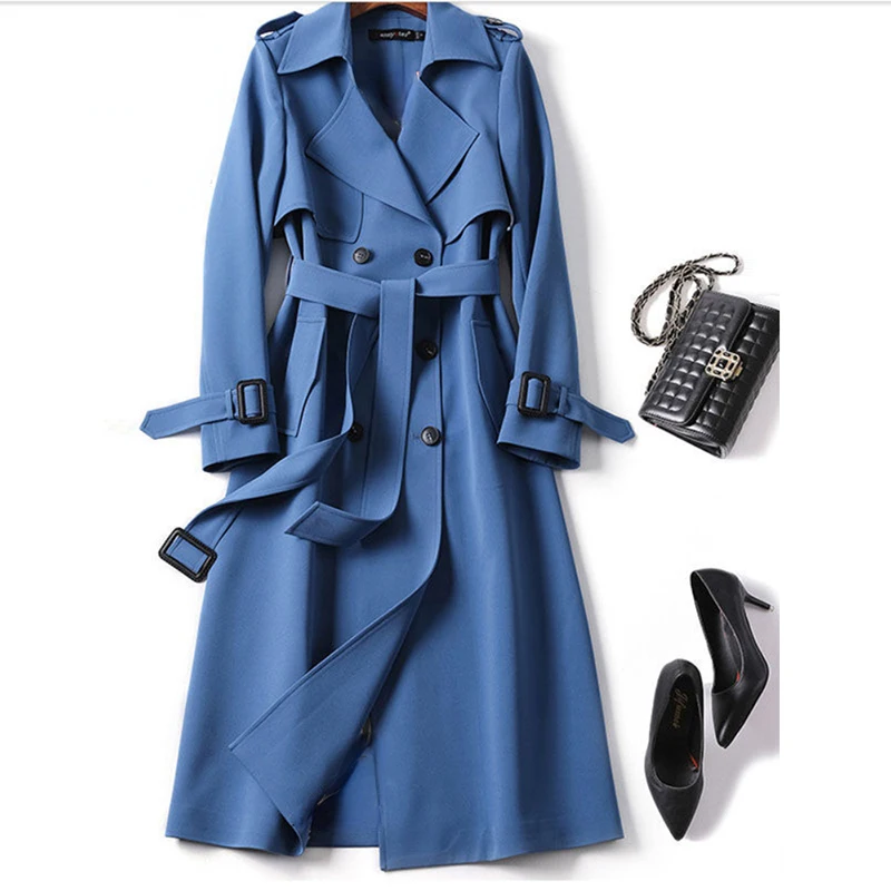 Женский однотонный Тренч средней длины двубортный элегантный в клетку с поясом