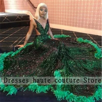 eleange green sequins mermaid prom dresses sexy backless feathers black girls evening gowns plus size party dress