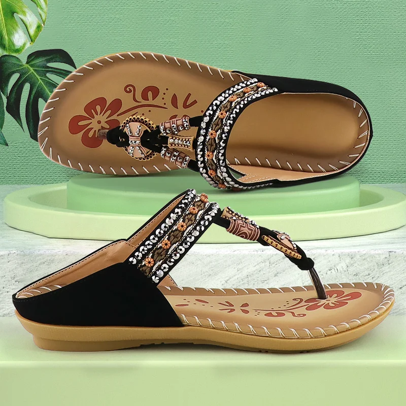 

Flat sandals women shoes Flip Flops Sandals Soft Metal decoration Rhinestone ethnic style Elastic band Summer sandals 2021