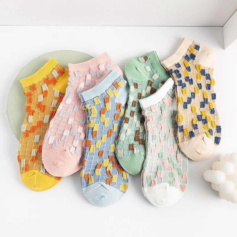 

Japanese color plaid cute girl socks spring and summer ladies breathable invisible socks all match embroidered boat socks