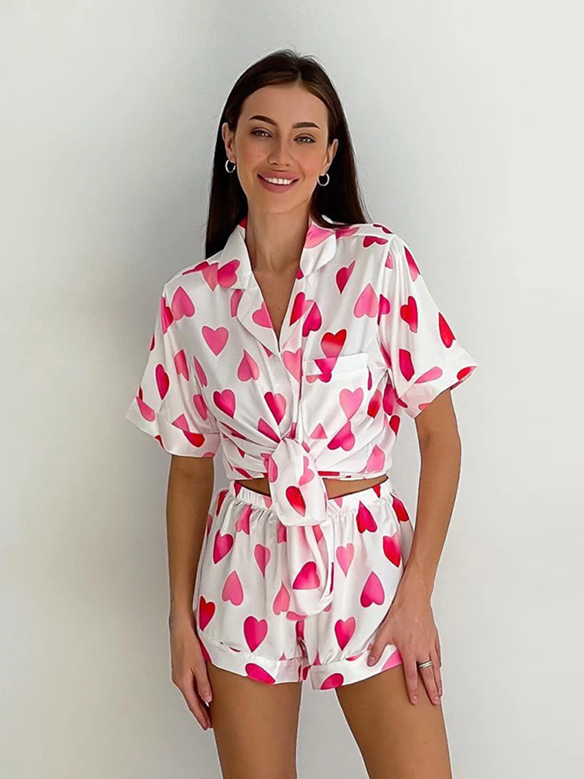 

Marthaqiqi Printing Love Women Pajamas Sets Sexy Turn-Down Collar Nightwear Short Sleepwear Shorts Women'S Casual Summer Suits
