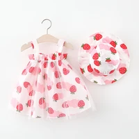 sweet strawberry print mesh sleeveless girls dresses with sunhat 2022 summer new baby girl beach clothes toddler princess dress