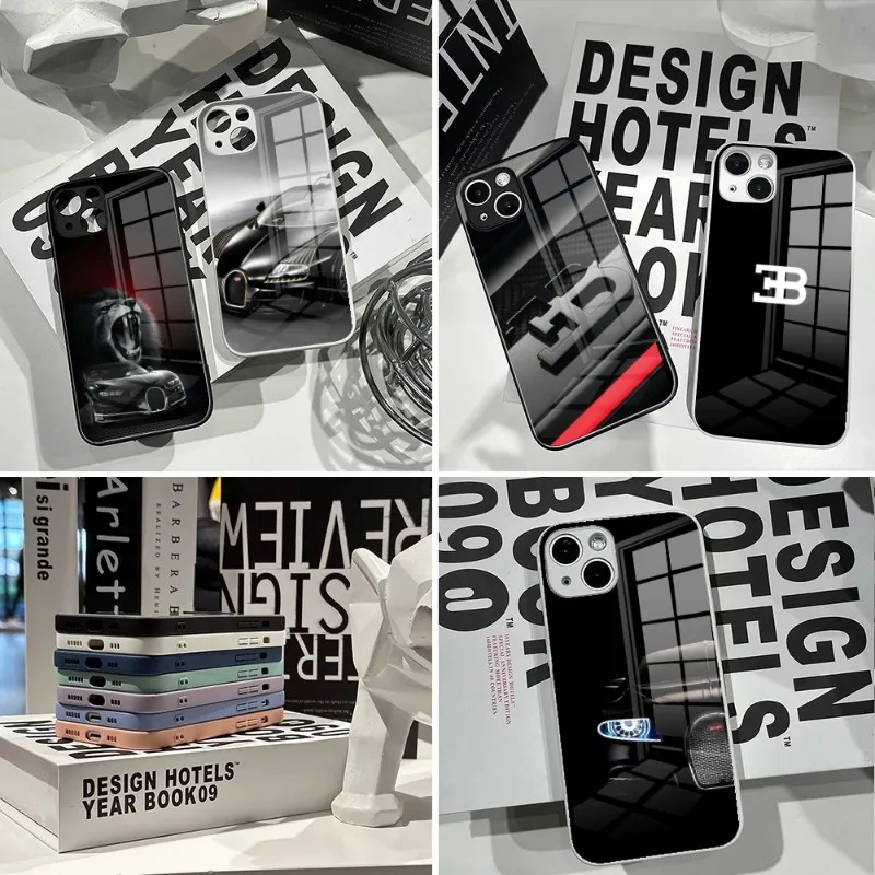 

Роскошный автомобильный чехол для телефона Bugatti 2023 для IPhone 14Pro 13 11 12 XR XS MAX 7/8 X Plus 13 черно-белые стеклянные Чехлы для пар