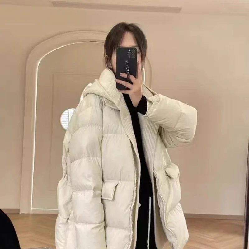 New Fall and Winter Hooded Down Jacket Women's Loose White Eiderdown Thick Warm Knit Scarf Hat Wear Versatile Down Jacket