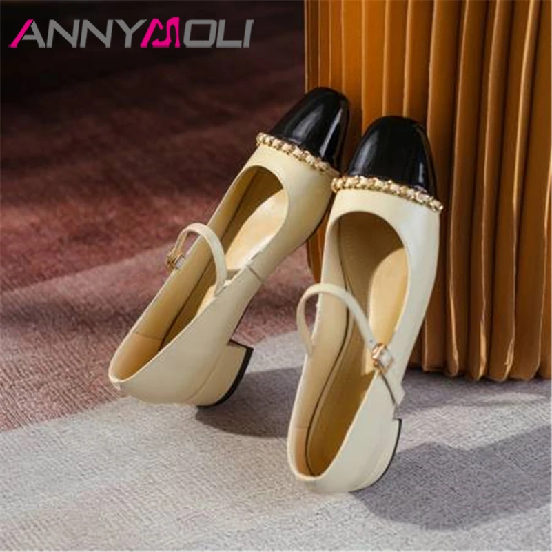 

ANNYMOLI Women Spring Genuine Leather Mary Janes Shoes Chain Chunky Heels Pumps Buckle Square Toe Med Heel Lady Footwear Beige