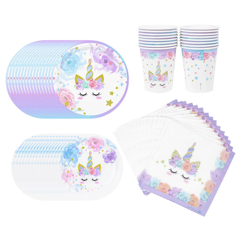 

Unicorn Theme Party Disposable Tableware Birthday Children's Bath Tableware Set Cups Plates Napkins Desktop Decoration Supplies
