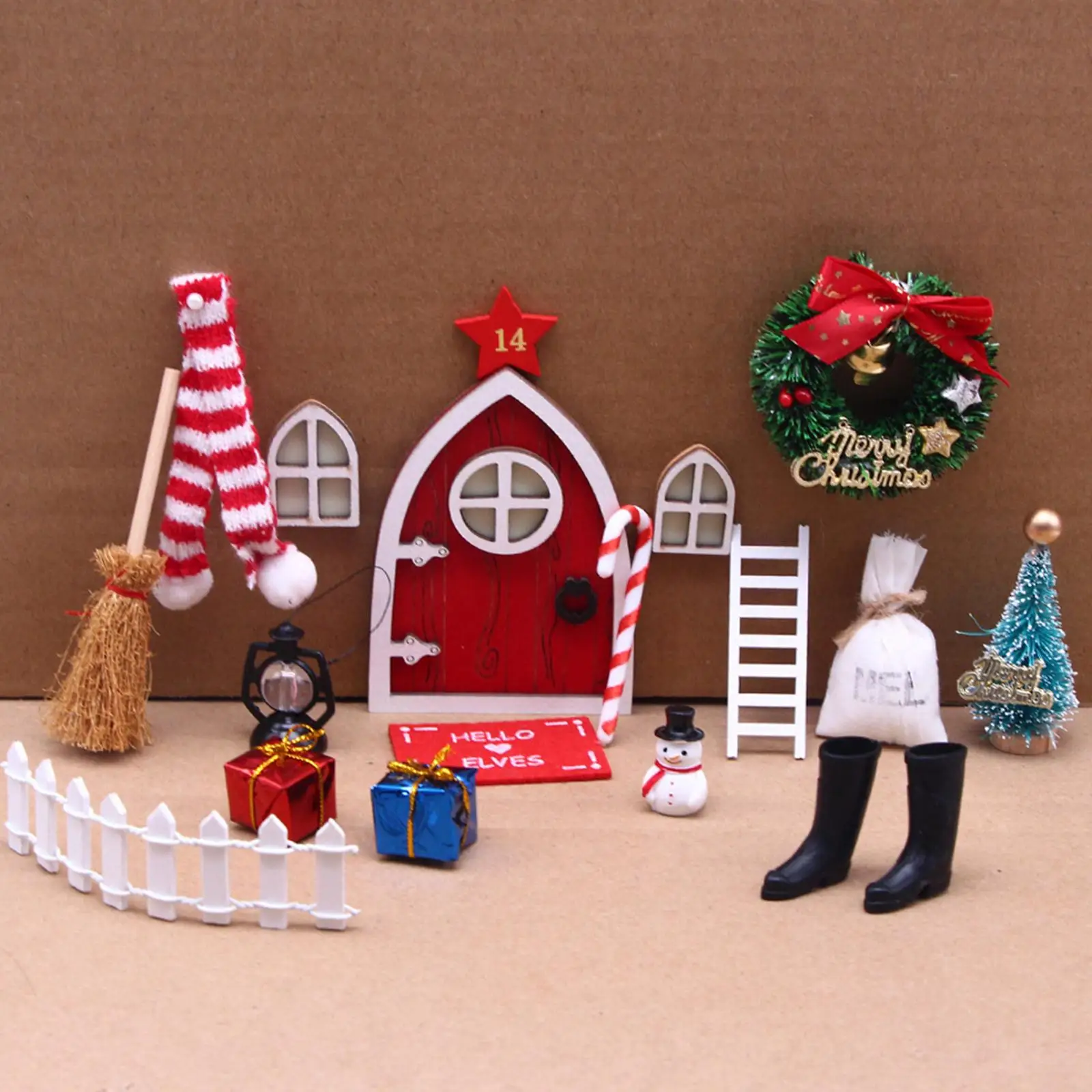 

1 Set DollHouse Elf Door Christmas Decor Fake Light String Hat Wreath Mini Tree Gift Boxes Fairy Toyhouse Miniature Scene Model