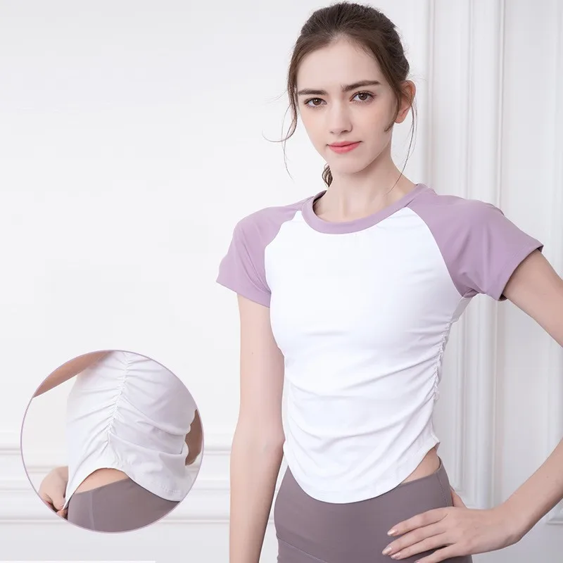 Yoga Fitness Suit Summer New Women's Top Tight And Wrinkled Slimming And Waist Tightening Exercise Round Neck Contrasting Color