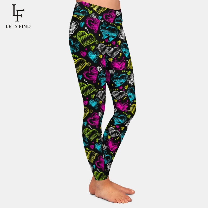 LETSFIND Fashion New Hand Drawn Hearts Design Women Pants High Waist  Fitness Soft and Slim Elastic Leggings