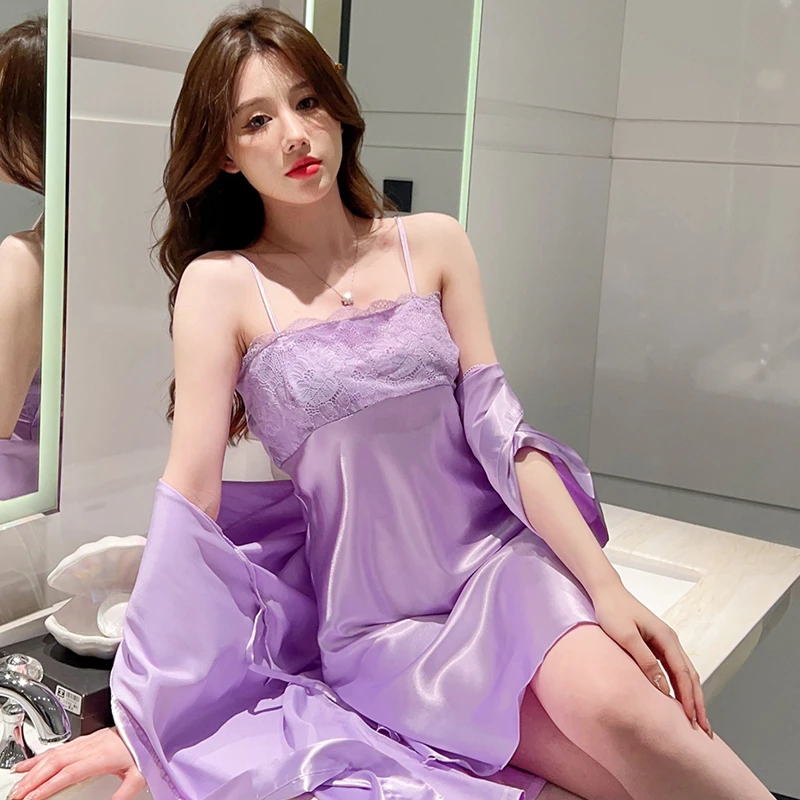 Шелковое атласное сексуальное кружевное белье ночные рубашки халаты комплекты