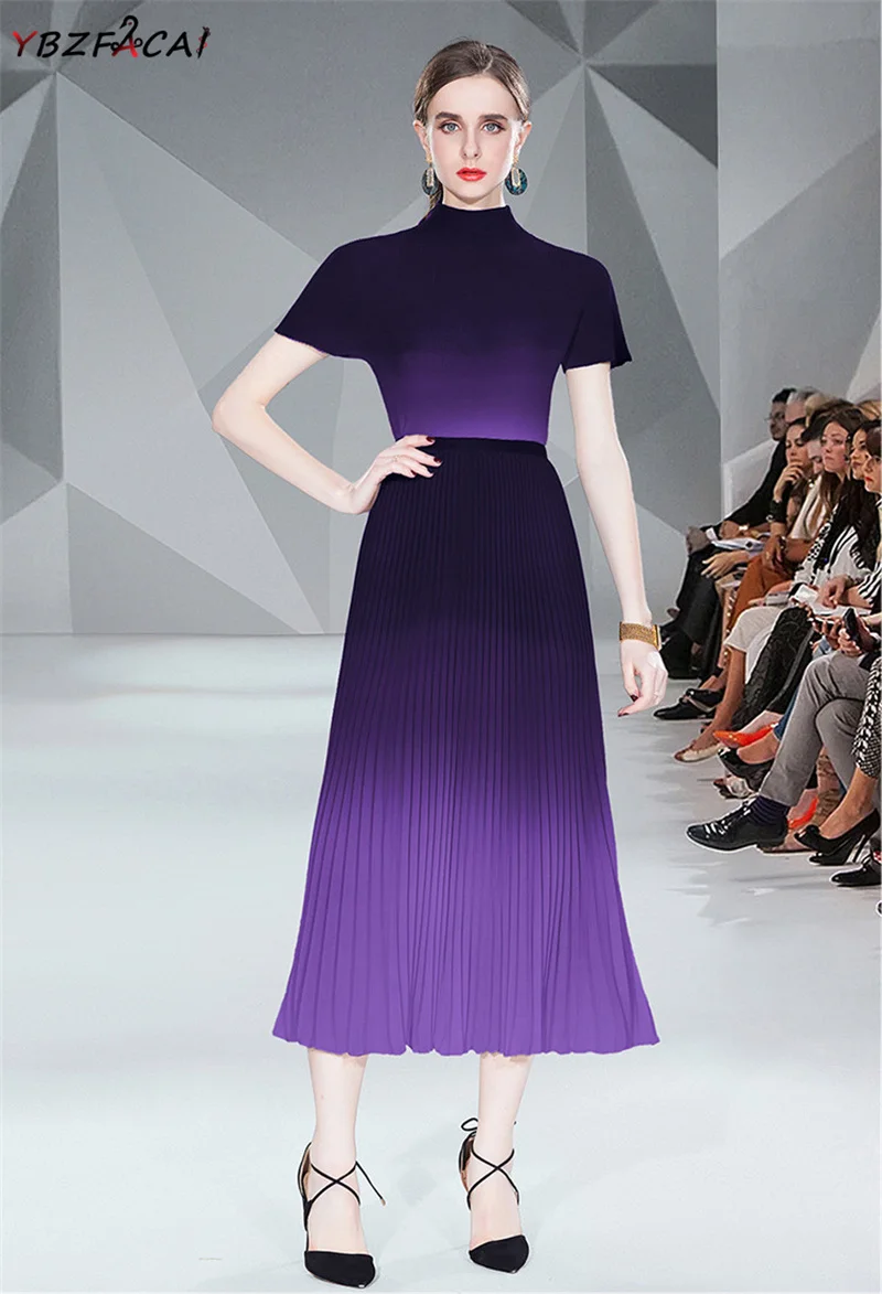 

Fashion Pleated Two Piece Women Gradient Swoosh Chiffon Blouse + Pleated Skirt Casual Two Piece Summer T Shirt Skirt Set Elegant