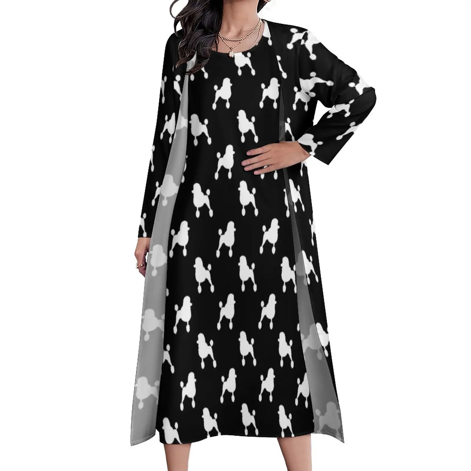 

Платье макси с принтом милой собаки, повседневное длинное платье со стандартным силуэтом пуделя, модная одежда с графическим принтом из двух предметов для осени