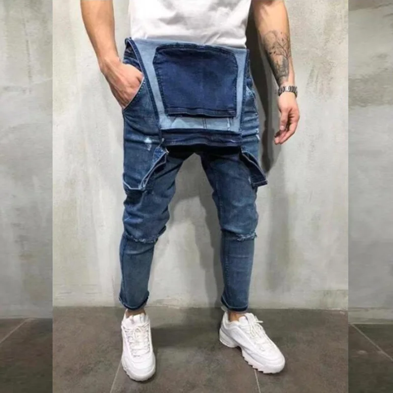 Fashionable Mens Suspender Denim Jumpsuit Ripped Jeans Full Length Overalls Streetwear Bibs Blue Pants Male Worn Rompers