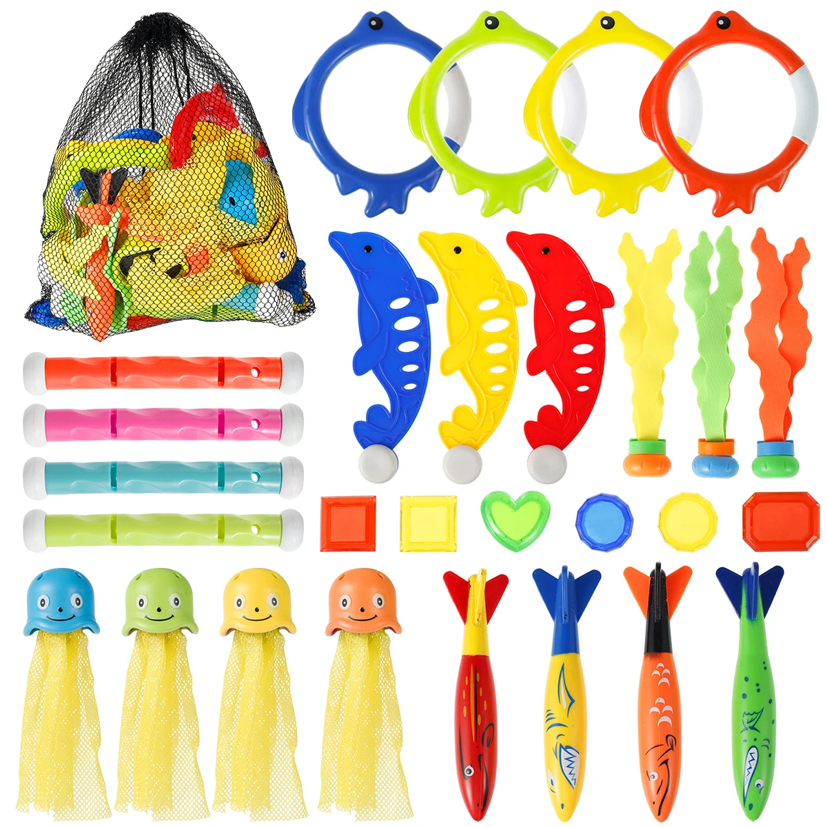 

30Pcs Diving Toys with Diving Treasures Fish Rings Cloth Octopus Sticks Seaweed Dolphins Torpedoes for Kids