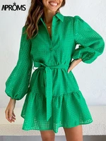 aproms elegant green plaid puff sleeve mini dress women summer 2022 ruffles button up belt loose dresses female shirt dress