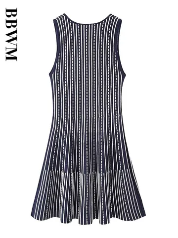 Knitted Mini Dress Woman Striped Sleeveless Dresses Summer Casual Short Dress Chic Female 2023 Vintage Square Collar Dresses