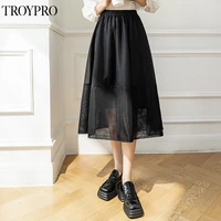 troypro 2022 new summer retro elegant a line high waisted slim mid length skirt solid color gauze all match casual skirts faldas