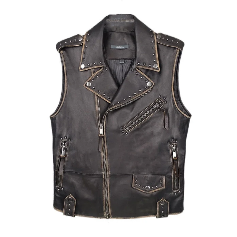 

Мужской жилет из натуральной потертой овечьей кожи с заклепками