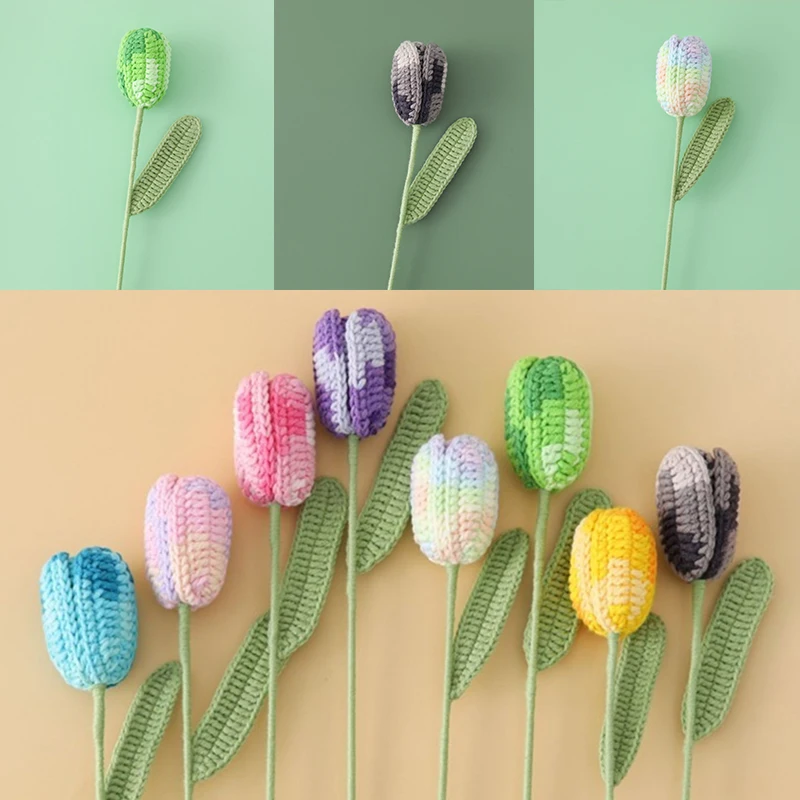 

1PC Artificial Flowers Mother's Day Gift Knitted Gradient Tulip Hand-woven Bouquet Holding Simulation Flowers Wedding Decorate