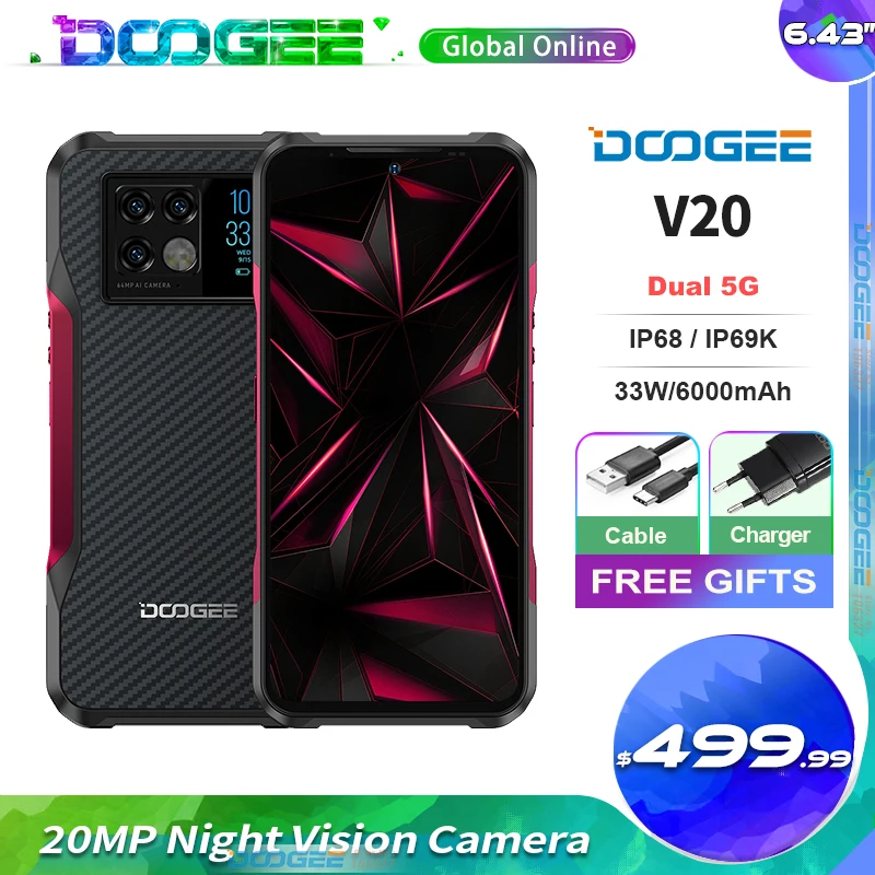 DOOGEE V20 6.43 AMOLED FHD+ IP68/IP69K Android 11 Smart Phone 6000mAh 33W Fast Charging AI Triple Camera 5G Mobile Phone