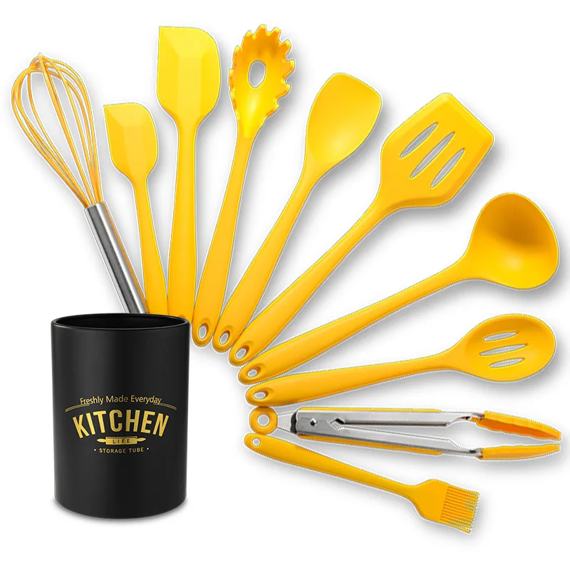 

11Pcs Set Food Grade Silicone Kitchen Cooking Utensil Heat resistant Spoon spatula Oil Brush BBQ clips Have Storage Bin Yellow