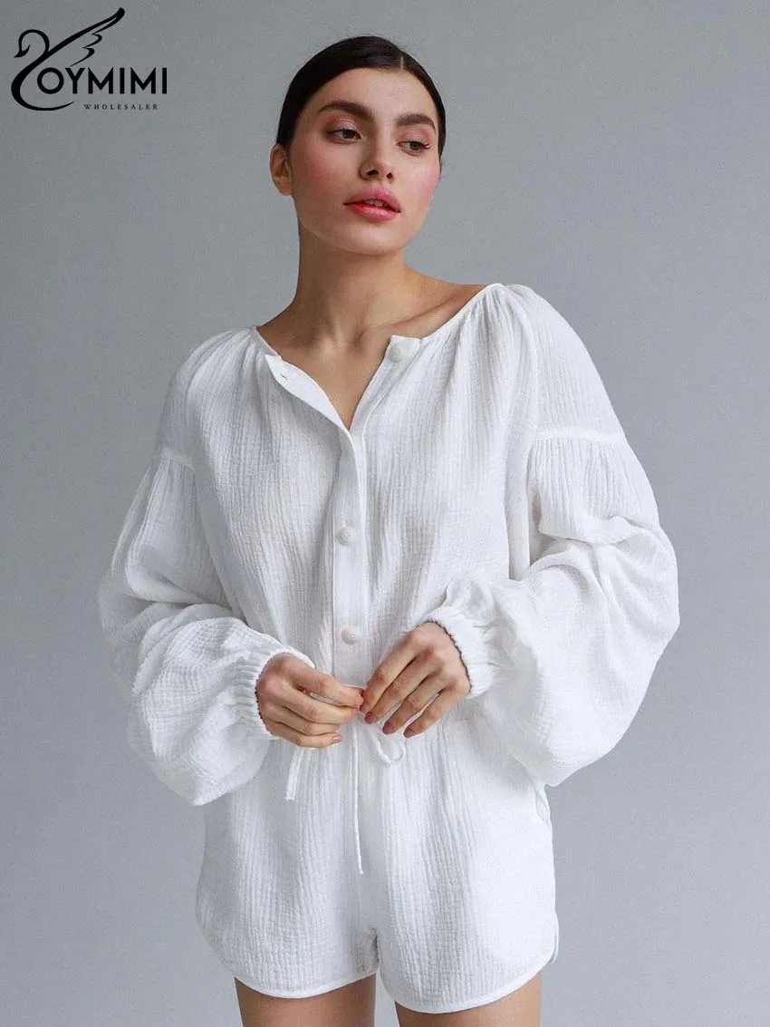 

Oymimi Elegant White Cotton Sets Womens 2 Piece Fashion Long Sleeve Single Breasted Shirt And Solid Drawstring Shorts Female Set