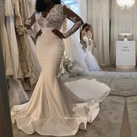 long sleeve v neck lace and satin mermaid wedding dresses new arrival plus size ruffle long train zipper back bridals gown