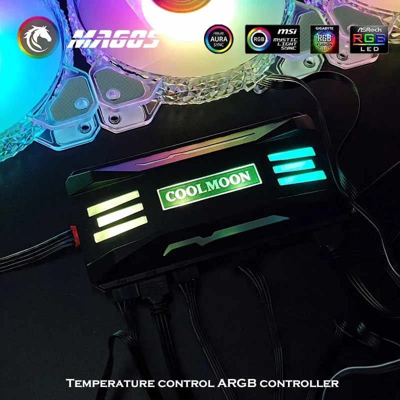 Фото COOLMOON Корпус для ПК Контроллер RGB-концентратора, ШИМ Smart TEMP. ADJ.+ 5 В ARGB M/B SYNC, беспроводной пульт дистанционного управления для охлаждающего вентилятора корпуса №1