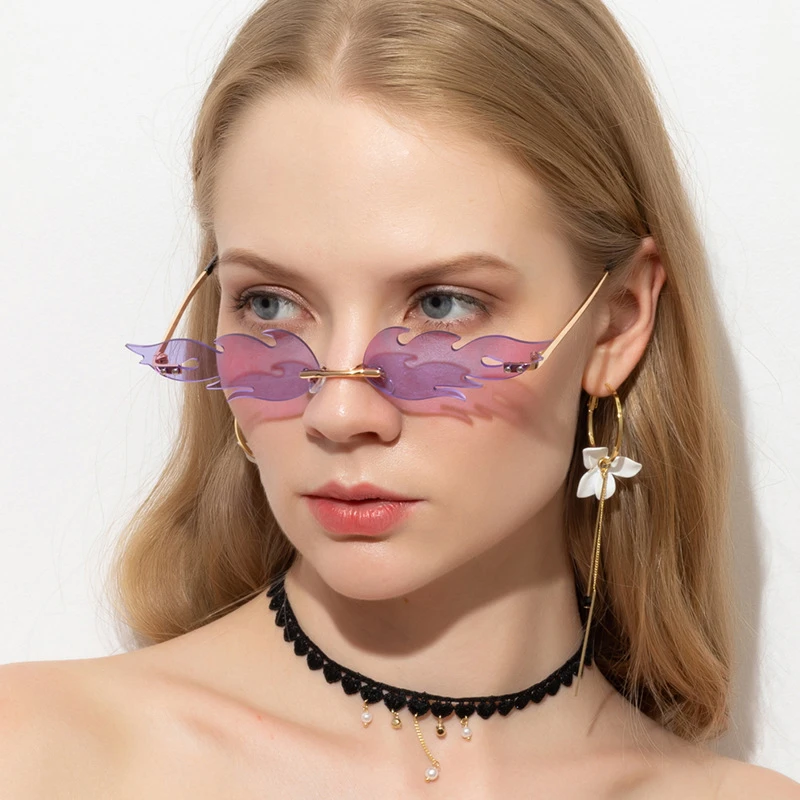 Солнечные очки без оправы UV400 женские, роскошные модные зеркальные солнечные, в металлической оправе, с защитой от огня и пламени