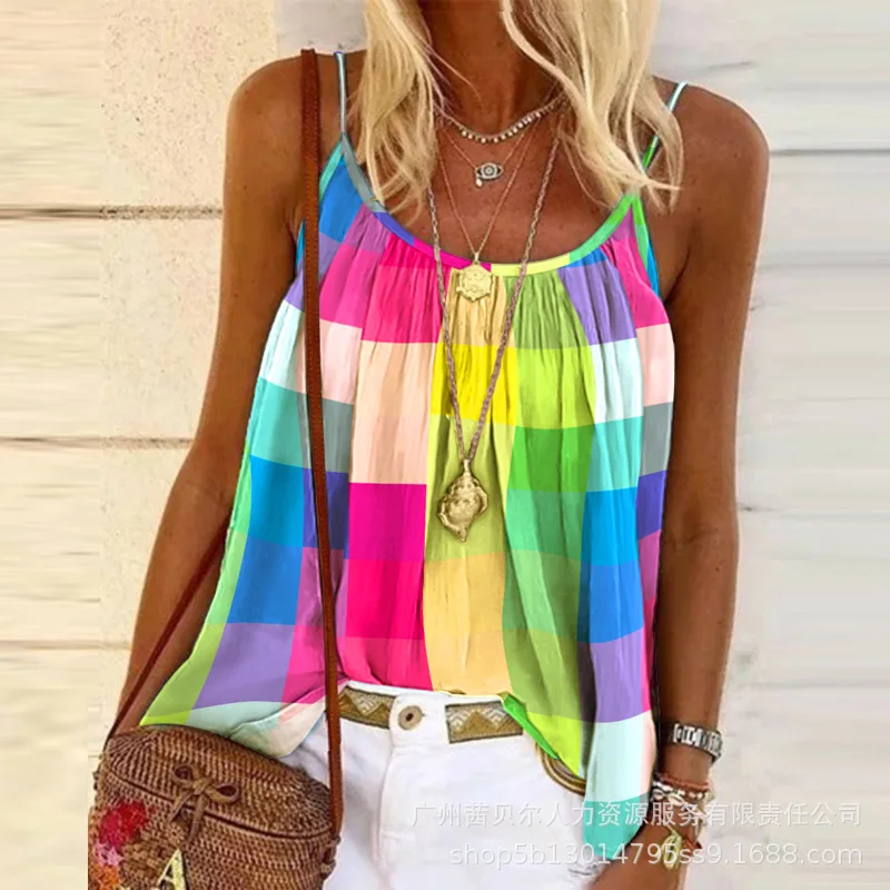 

Colorblock Plaid Print Flowy Cami Top Women Sleeveless O Neck Sexy Camis Tanks Tops Summer Fashion Casual Y2K